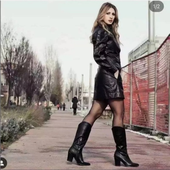 ZARA M Faux Leather Long Sleeve Shirt Dress Snap Front Chest Pocket Black Mini - Picture 4 of 9